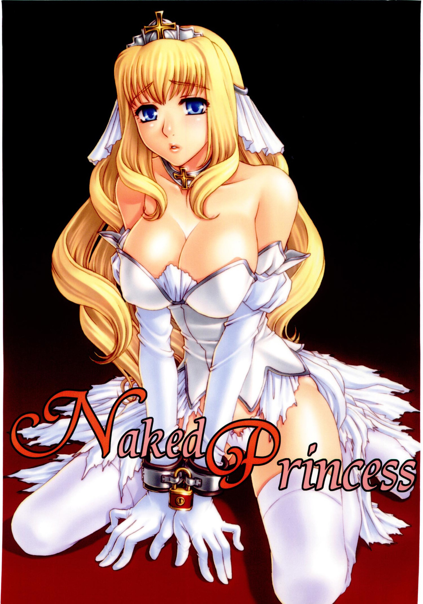 bare_shoulders bdsm blonde_hair blue_eyes bondage bound breasts bride choker cleavage copyright_request cuffs dress elbow_gloves g-string gloves handcuffs highres kanesada_keishi large_breasts lips long_hair looking_at_viewer panties slave solo source_request thighhighs thong torn_clothes underwear wedding_dress