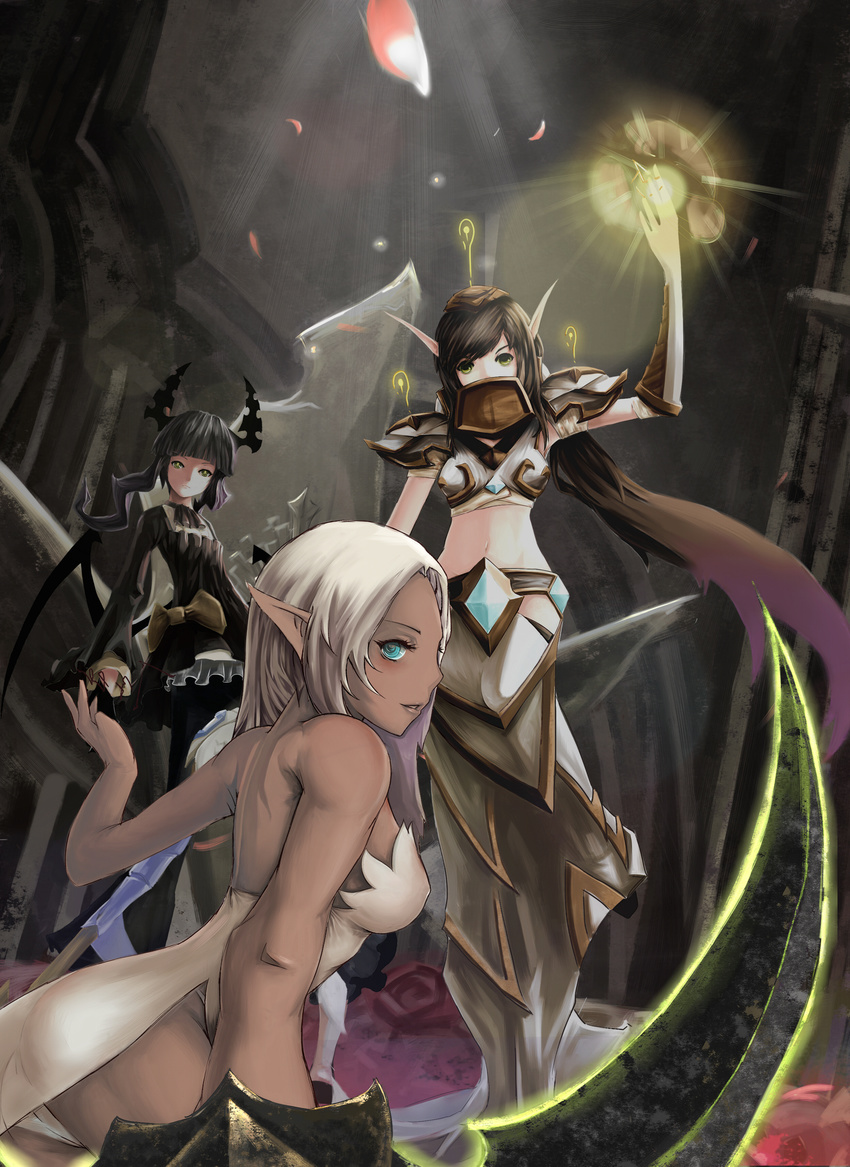 absurdres black_hair black_rock_shooter blood_elf blue_eyes crossover dead_master green_eyes highres horns midriff multiple_girls pointy_ears sword tree_(chenshu) warcraft weapon white_hair world_of_warcraft
