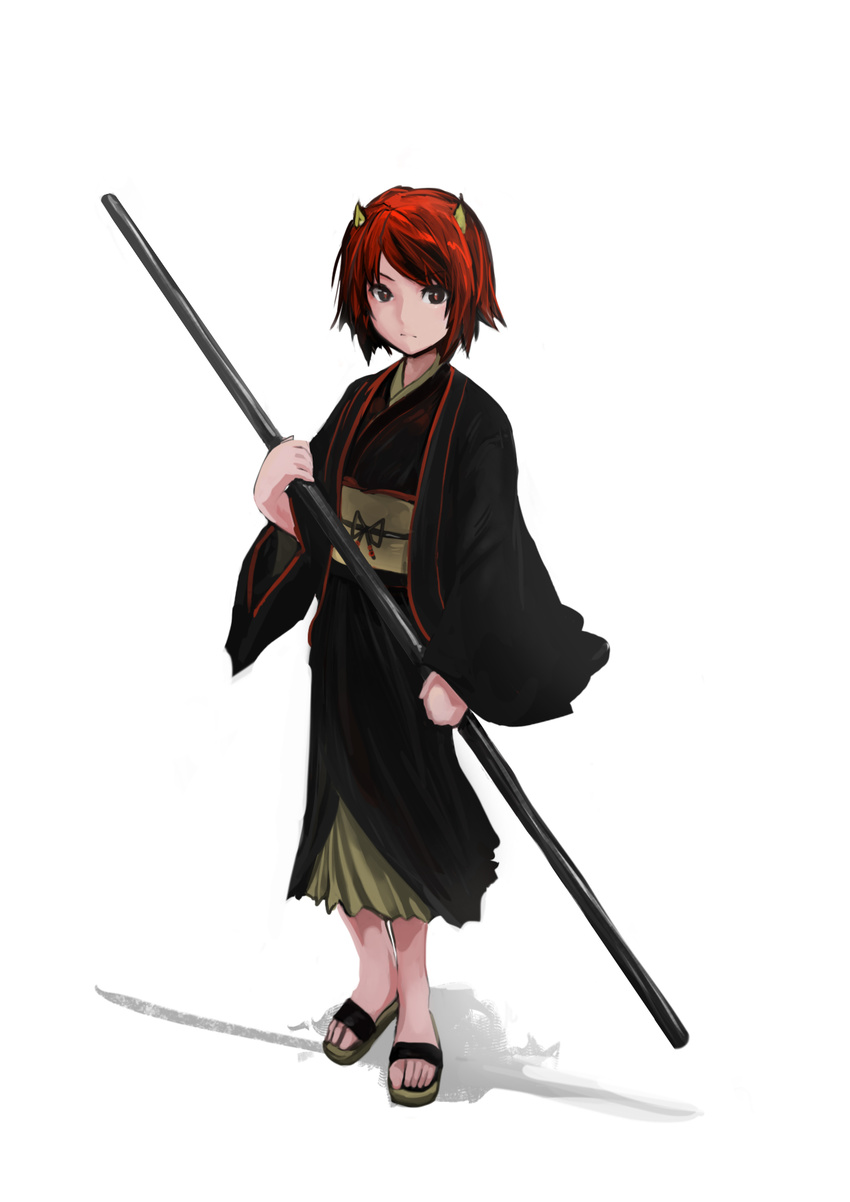 bad_id bad_pixiv_id character_request copyright_request highres japanese_clothes kamemushi_(hoozuki) kimono orange_hair red_hair sandals solo staff