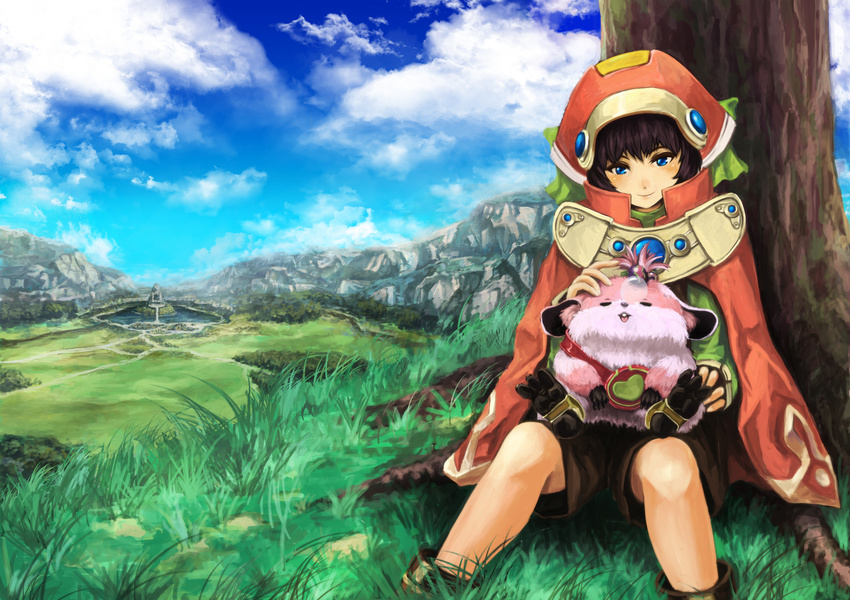 absurdres bad_id bad_pixiv_id blue_eyes brown_hair chu_chu_(xenogears) cloak cloud creature day goemon23 grass hand_on_own_head hat highres landscape marguerite_fatima orange_hat short_hair sitting sky smile solo xenogears