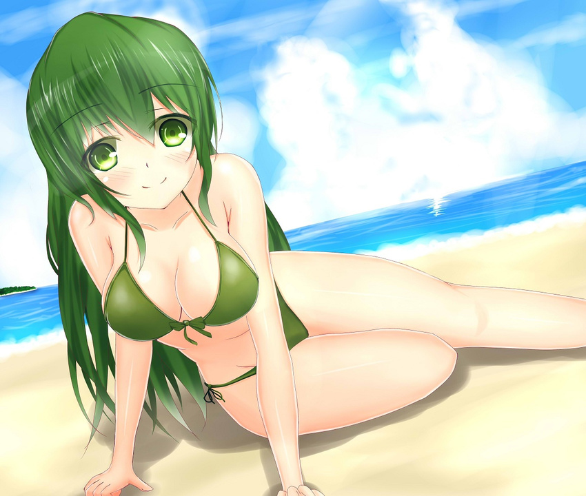 bad_id bad_pixiv_id beach bikini breasts chiiutsu_(cheewts) cleavage dutch_angle green_eyes green_hair long_hair medium_breasts original solo swimsuit