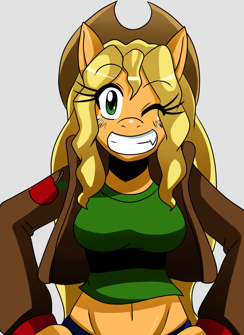 anthro anthrofied applejack_(mlp) blonde_hair clothing equine female friendship_is_magic green_eyes hair hat horse looking_at_viewer mammal my_little_pony one_eye_closed pony smile solo sssonic2 wink