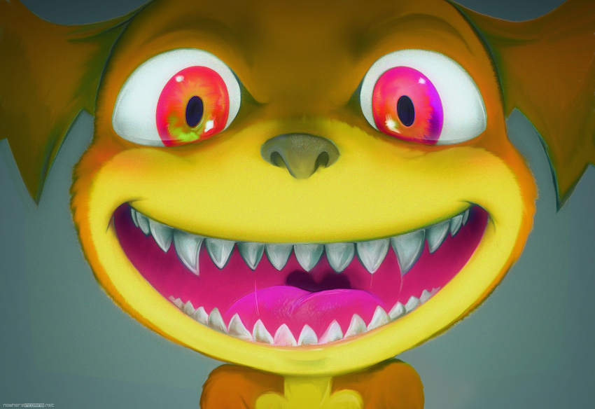 big_eyes big_head creepy cute darkdoomer face fangs haw headshot_portrait looking_at_viewer mouth nightmare_fuel open_mouth patachu portrait red_eyes scary smile solo superflat teeth throat yellow_body