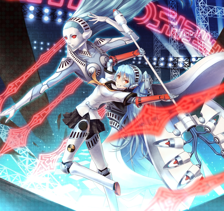 android ariadne_(megami_tensei) axe blue_hair futsuka_(dzone) grin highres labrys long_hair looking_at_viewer persona persona_4:_the_ultimate_in_mayonaka_arena ponytail red_eyes school_uniform smile weapon