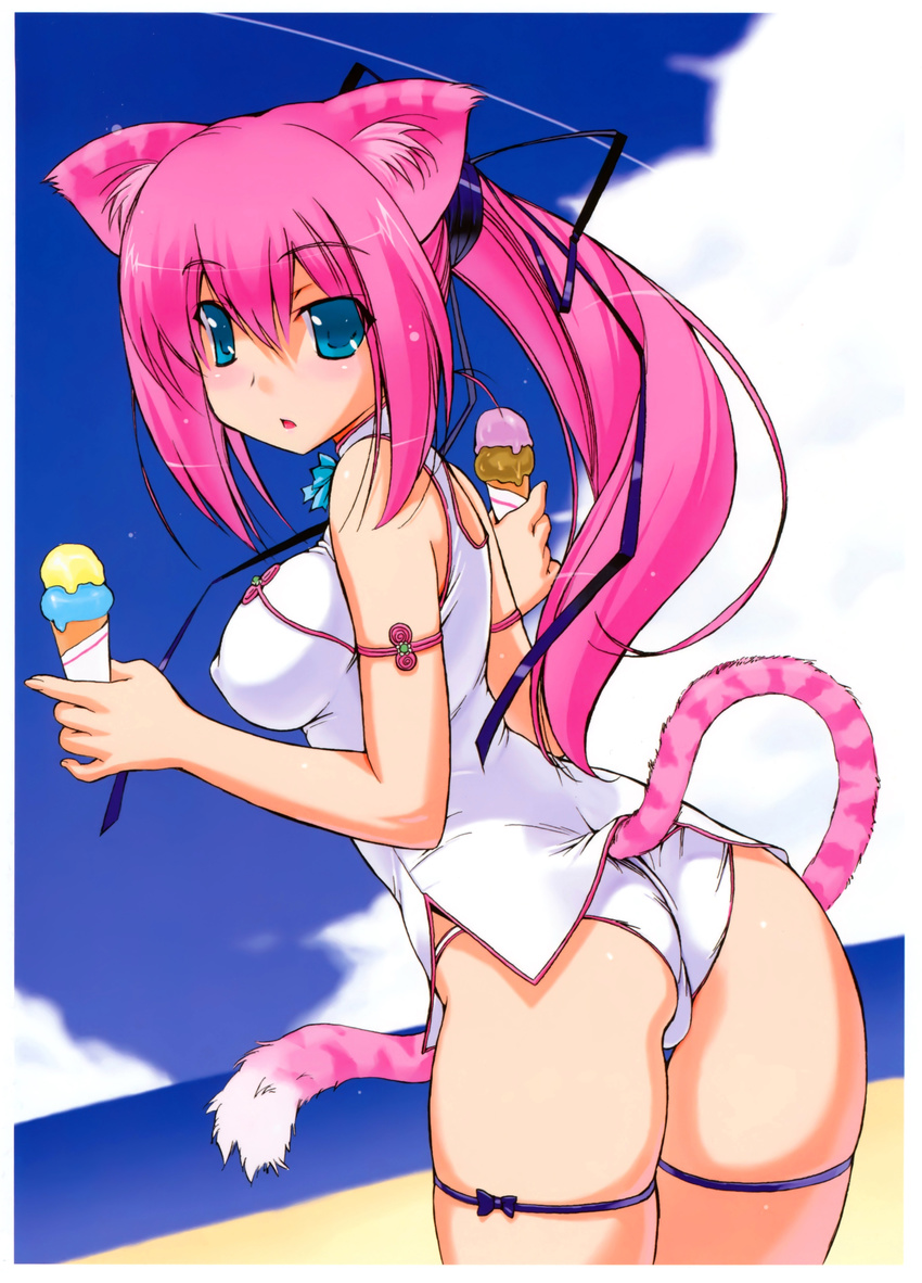 absurdres animal_ears armlet ass beach blue_eyes blue_sky breasts china_dress chinese_clothes covered_nipples day dress food hair_ribbon highres ice_cream ice_cream_cone inu long_hair looking_back medium_breasts original outdoors panties parted_lips pink_hair ponytail ribbon short_dress skindentation sky solo tail thigh_ribbon tiger_ears tiger_tail trefoil underwear white_panties