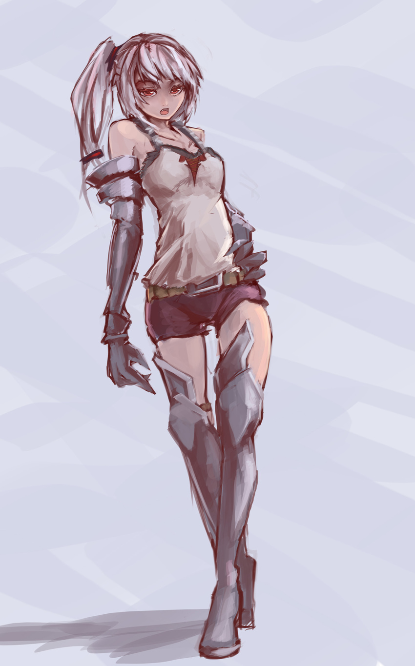 absurdres armor bare_shoulders boots copyright_request crossed_legs fang gauntlets hand_on_hip highres red_eyes riftgarret scrunchie short_shorts shorts side_ponytail solo standing tank_top thigh_boots thighhighs watson_cross