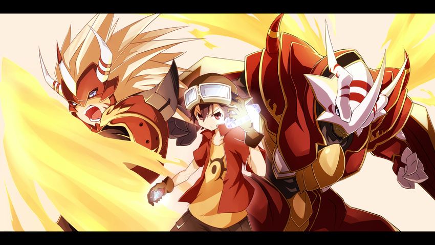 agunimon armor bad_id bad_pixiv_id black_hair blue_eyes claws digimon digimon_frontier digivice fiery_wings fire gloves glowing goggles hat highres horns kanbara_takuya lemon_(wzcrybmi) monster multiple_persona red_eyes short_hair spikes vritramon