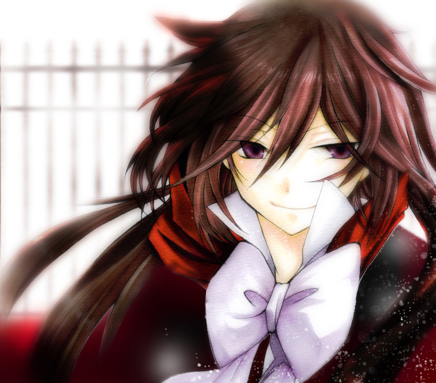 absurdres alice_(pandora_hearts) bow bowtie brown_hair gate highres pandora_hearts popped_collar purple_eyes setu530 smile solo upper_body