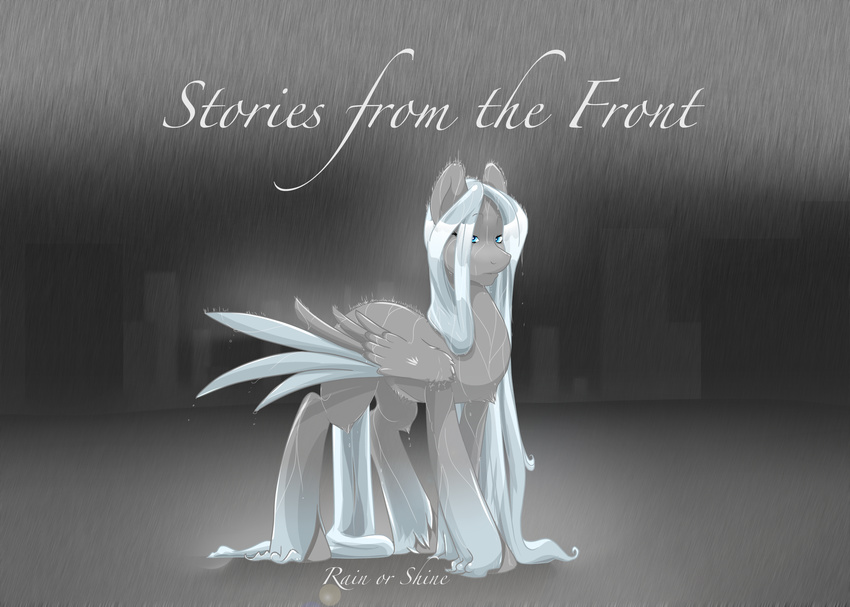 abstract_background blue_eyes cutie_mark english_text equine female feral fur grey_fur hair mammal mlp:fim my_little_pony original_character pegasus rain severus solo stormfront text wet_hair wet_mane white_hair wings