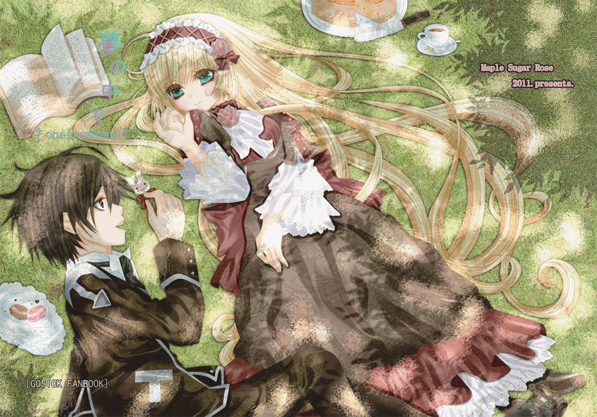 1girl aqua_eyes bad_id bad_pixiv_id blonde_hair book brown_eyes brown_hair cake candy copyright_name cover cover_page cup dappled_sunlight flower food gosick hairband kujou_kazuya lolita_fashion lollipop long_hair momosaka_tamakichi profile rose school_uniform shade short_hair sunlight sweets tea teacup very_long_hair victorica_de_blois