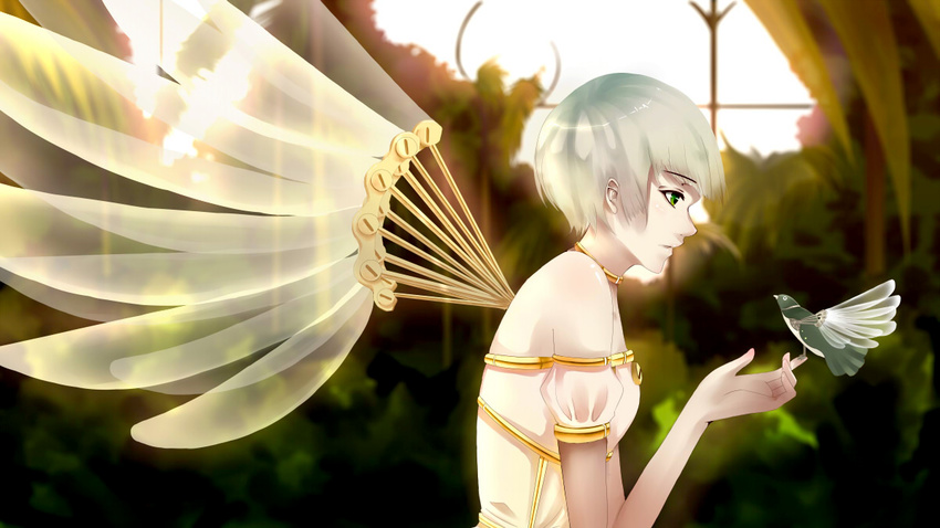 bare_shoulders bird bird_on_hand blurry cassini choker clover_(manga) depth_of_field from_side mechanical_wings profile short_hair silver_hair suu_(clover) tree window wings