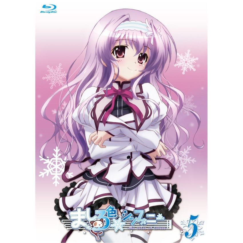 :3 amaha_miu bangs blazer blu-ray_cover blush bow breast_hold breasts buttons calico cat chibi copyright_name cover cowboy_shot crossed_arms english frills gradient gradient_background hair_between_eyes hairband highres jacket juliet_sleeves lavender_hair light_smile logo long_hair long_sleeves looking_at_viewer mashiroiro_symphony medium_breasts miniskirt neck_ribbon number official_art pan-nya puffy_sleeves purple_background purple_eyes ribbon school_uniform sidelocks skirt smile snowflakes staff_(music) standing thighhighs turtleneck very_long_hair white_legwear zettai_ryouiki