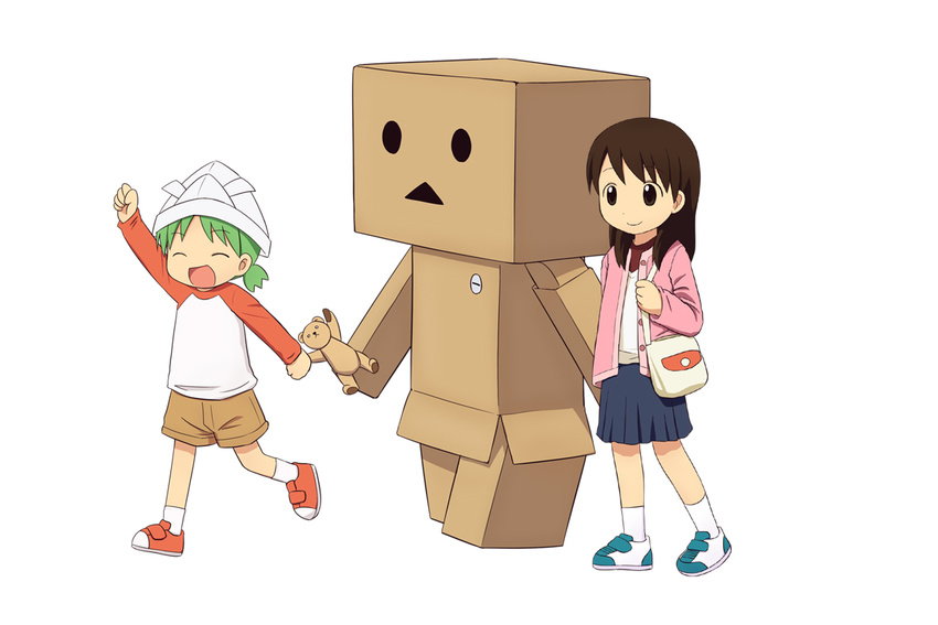 arm_up ayase_ena bad_id bad_pixiv_id bag brown_hair child closed_eyes danboo duralumin green_hair koiwai_yotsuba mika-shi multiple_girls open_mouth paper_hat paper_kabuto shoes short_hair shorts simple_background skirt smile socks stuffed_animal stuffed_toy teddy_bear white_background yotsubato!