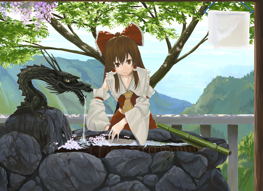 ascot bamboo bow brown_eyes brown_hair detached_sleeves fountain hair_bow hair_tubes hakurei_reimu kinoto_(ruindivinity) long_hair petals solo touhou towel tree water