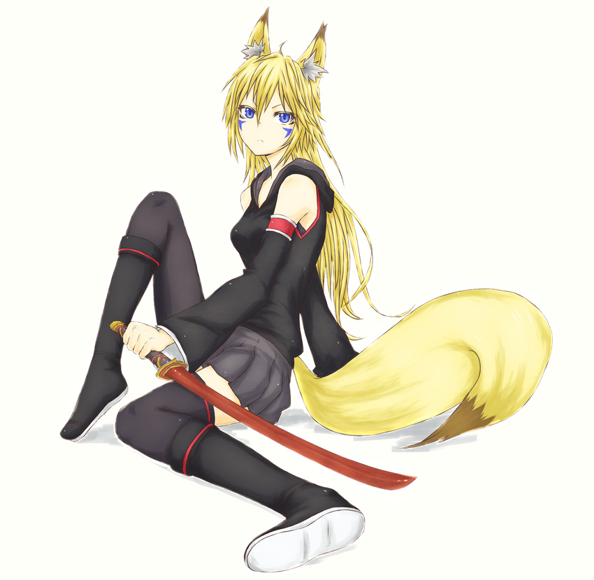 animal_ears aoneko_(souya-mio) blonde_hair blue_eyes boots commentary_request detached_sleeves facial_mark fox_ears fox_tail highres long_hair original ponytail skirt solo sword tail tattoo thighhighs weapon