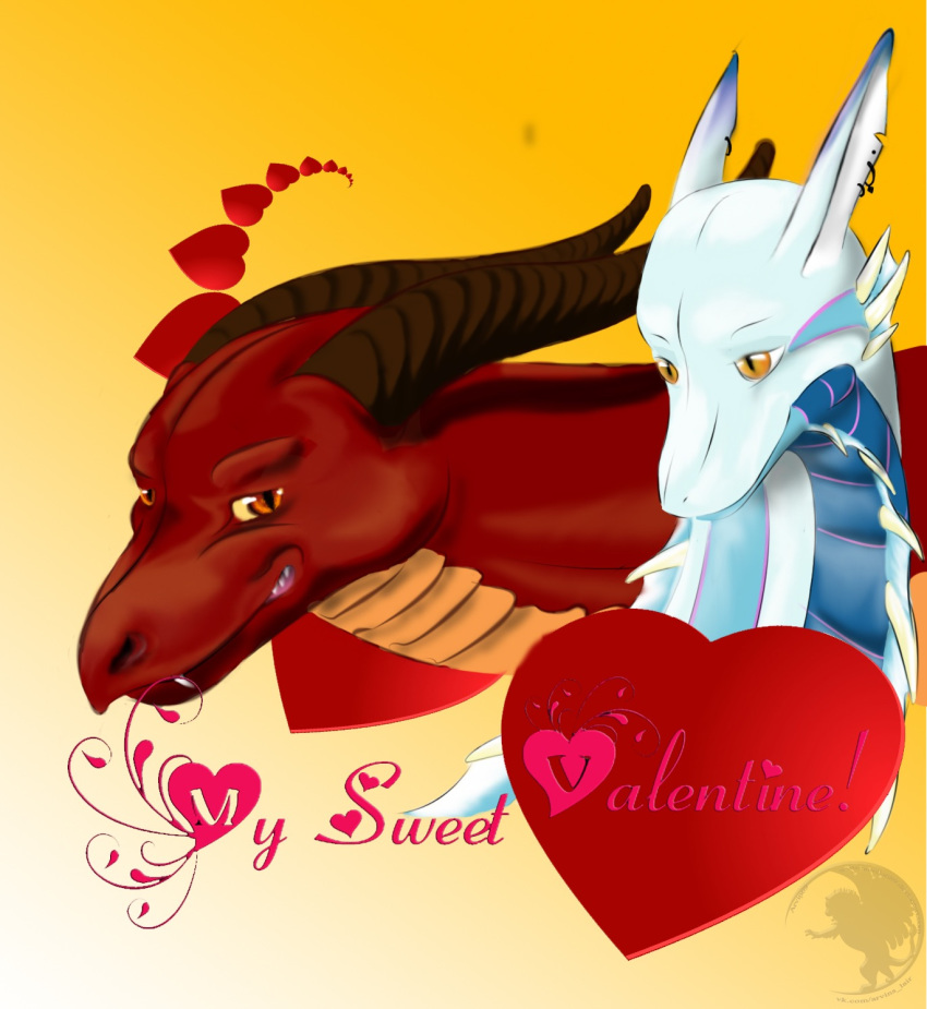 &lt;3 2018 blue_scales digital_drawing_(artwork) digital_media_(artwork) dragon dragon345 duo ear_frills english_text female feral frill grin headshot hi_res holidays horn male male/female piercing quadruped red_eyes red_scales roga_(character) scales scalie side_view simple_background slit_pupils smile smooth_shading stone_(character) teeth text valentine's_day wyvern