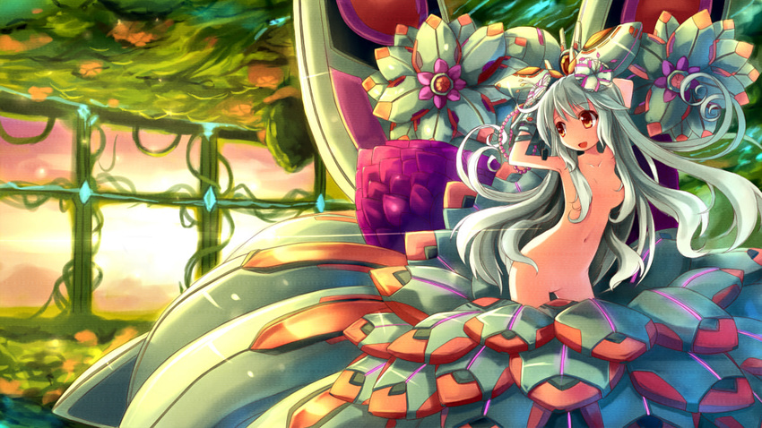 :d colorful flower hair_censor hair_ornament hoshi_no_gen long_hair navel no_nose no_pussy nude open_mouth original plant_girl smile solo