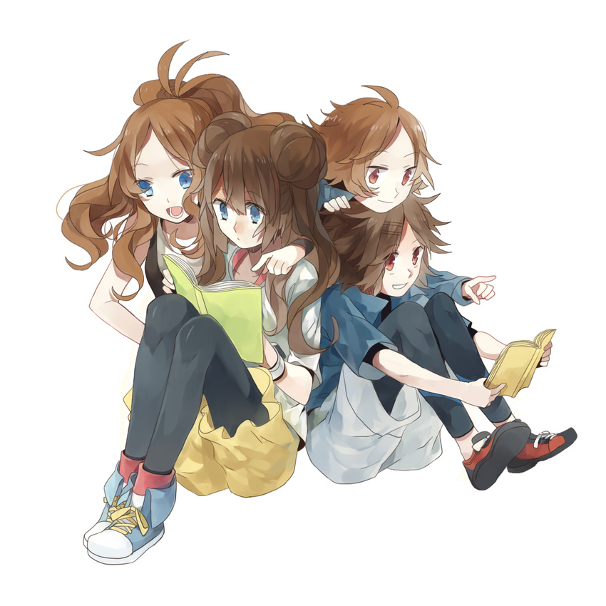 2girls bad_id bad_pixiv_id black_legwear blue_eyes book brown_hair double_bun grin highres kyouhei_(pokemon) leggings legwear_under_shorts long_hair mei_(pokemon) multiple_boys multiple_girls no_hat no_headwear pantyhose pointing pokemon pokemon_(game) pokemon_bw pokemon_bw2 ponytail reading red_eyes shoes short_hair shorts simple_background sitting smile sneakers tang_elen touko_(pokemon) touya_(pokemon) white_background