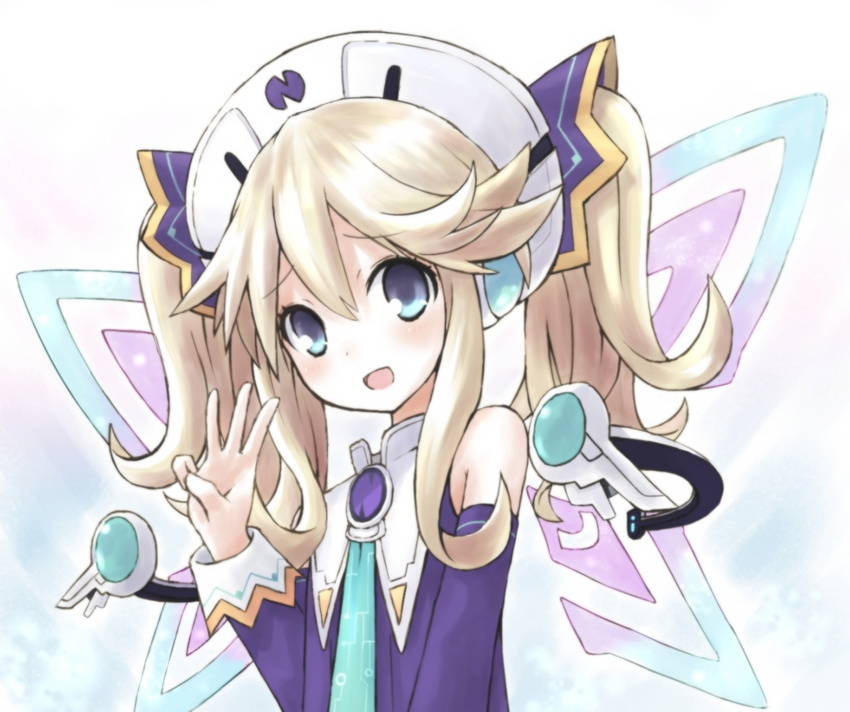 :d bad_id bad_pixiv_id bare_shoulders blonde_hair blue_eyes blush buran_(kure) detached_sleeves hair_ornament hat histoire long_hair looking_at_viewer middle_w neptune_(series) open_mouth smile solo twintails w