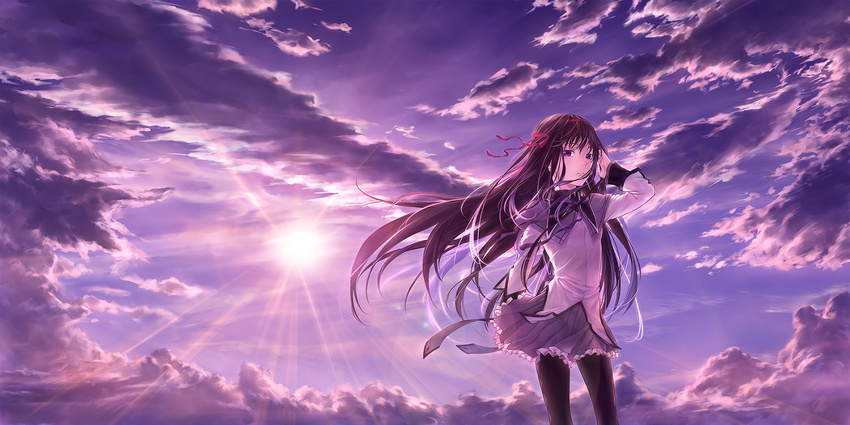 akemi_homura argyle argyle_legwear azmodan bangs black_hair black_neckwear black_ribbon capelet cloud cloudy_sky diffraction_spikes floating_hair frilled_skirt frills hair_ribbon hand_up highres lens_flare long_hair long_sleeves looking_at_viewer looking_to_the_side magical_girl mahou_shoujo_madoka_magica neck_ribbon outdoors pantyhose pleated_skirt purple_eyes red_ribbon ribbon skirt sky solo standing sun sunrise wind