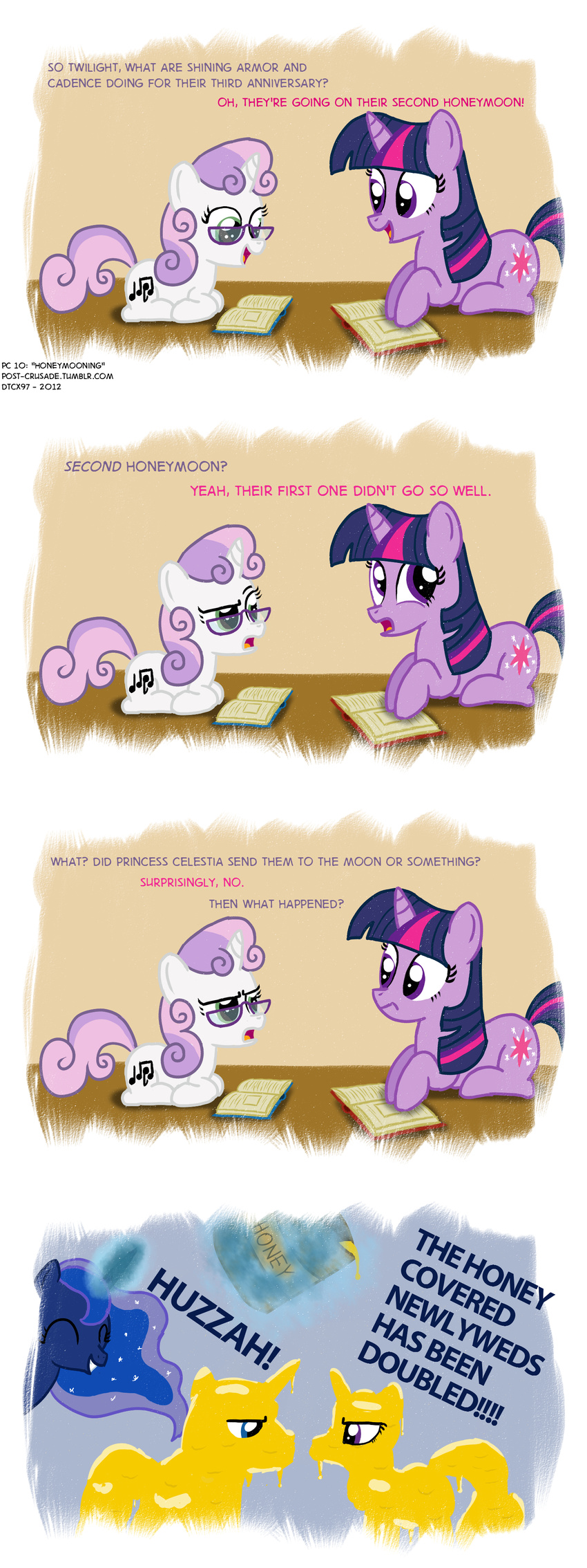 cub cutie_mark dtcx97 english_text equine eye_wear eyewear female feral friendship_is_magic glasses honey horn horse magic mammal my_little_pony pony princess_cadance_(mlp) princess_cadence_(mlp) princess_luna_(mlp) reading shining_armor_(mlp) sticky sweetie_belle_(mlp) text twilight_sparkle_(mlp) unicorn young