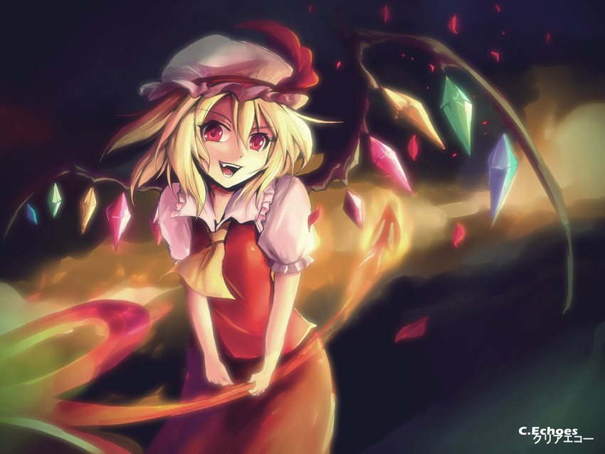 :d absurdres artist_name ascot blonde_hair clear_echoes fang fire flandre_scarlet hat highres katakana laevatein looking_at_viewer mob_cap open_mouth petals red_eyes short_hair smile solo touhou wings