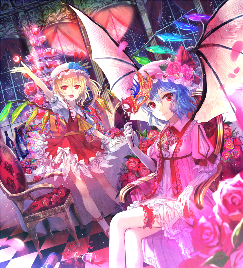 arm_up ascot bare_legs bat_wings blonde_hair blue_flower blue_hair blue_rose bottle brooch chair checkered checkered_floor crossed_legs cup dress dutch_angle elbow_gloves embellished_costume eyes flandre_scarlet flower fuji_choko full_moon garters gloves hat hat_flower highres jewelry leg_garter looking_at_viewer mary_janes mask md5_mismatch moon multicolored multicolored_rose multiple_girls night night_sky petals pink_flower pink_rose red_eyes red_moon remilia_scarlet rose shoes short_hair siblings side_ponytail sisters sitting sky smile spill star_(sky) starry_sky table teacup touhou waving white_gloves window wings