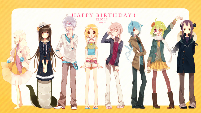 6+girls :d :o animal_ears bad_id bad_pixiv_id bandages bangle barefoot belt blonde_hair blue_eyes boots bracelet brown_eyes brown_hair cat_ears cat_tail closed_eyes covered_eyes cross cross_necklace crossed_arms dated diagonal_stripes dress flower green_hair hair_flower hair_ornament hair_over_one_eye happy_birthday hat heart highres jewelry lineup long_hair manio monster_girl multiple_girls multiple_tails navel necklace open_mouth original pantyhose pointy_ears purple_hair red_eyes sandals shorts silver_hair skirt smile star striped tail v_arms wallpaper white_hair
