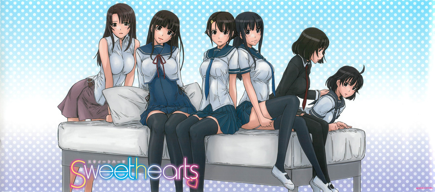 :d absurdres age_difference ahoge akane_mio arm_support arms_behind_back ayasaki_(sweethearts) bangs bare_shoulders bed black_hair black_legwear blunt_bangs blush breast_squeeze breasts copyright_name crop_top dress gradient gradient_background hair_ornament hairclip halftone halftone_background hand_on_another's_shoulder hayasaka_yui head_tilt highres kisaragi_gunma kujouin_asuka large_breasts leaning_forward light_smile long_hair looking_at_viewer lying mary_janes miniskirt multiple_girls necktie official_art on_stomach open_mouth panties pantyshot pantyshot_(sitting) parted_lips pillow pleated_dress pleated_skirt president_(sweethearts) ribbon school_uniform serafuku shiraishi_kasumi shirt shoes short_dress short_hair sidelocks sitting skirt smile standing sweethearts teacher thighhighs underwear white_panties zettai_ryouiki