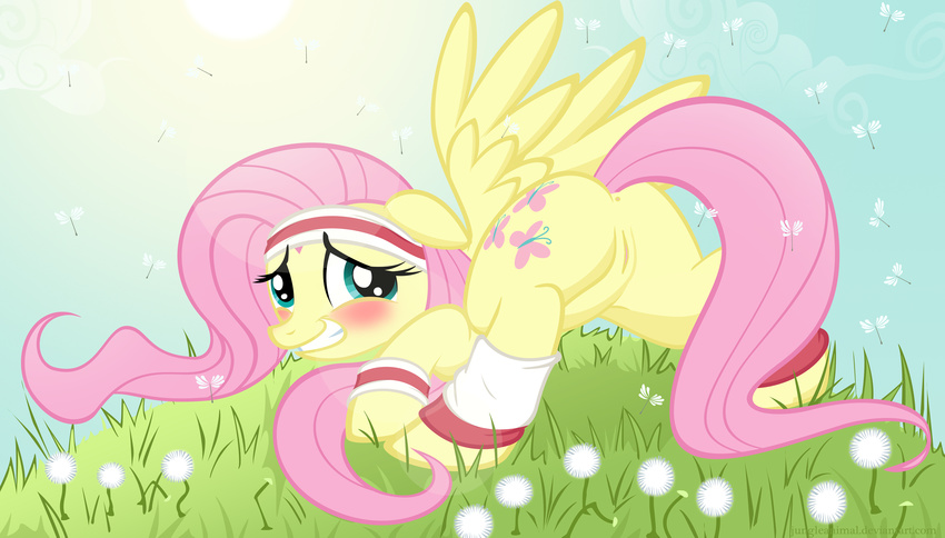 butt dandelion edit equine female feral fluttershy_(mlp) friendship_is_magic grass junglepony looking_back mammal my_little_pony pegasus presenting pussy solo sweatband wings