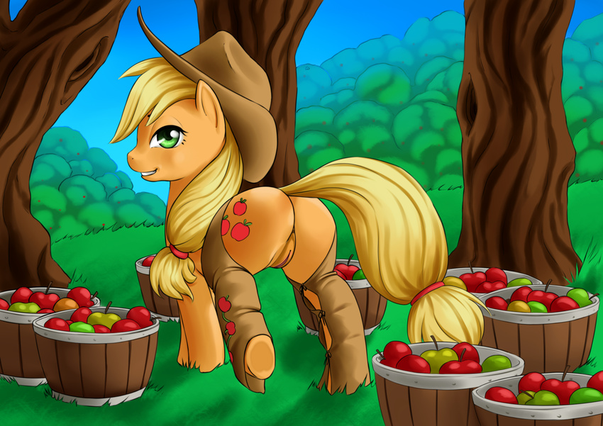 anus apple applejack_(mlp) blonde_hair butt chaps cowboy_hat cutie_mark equine female feral friendship_is_magic fruit green_eyes hair hat horse long_hair looking_at_viewer looking_back mammal my_little_pony outside pony pussy smile solo wood