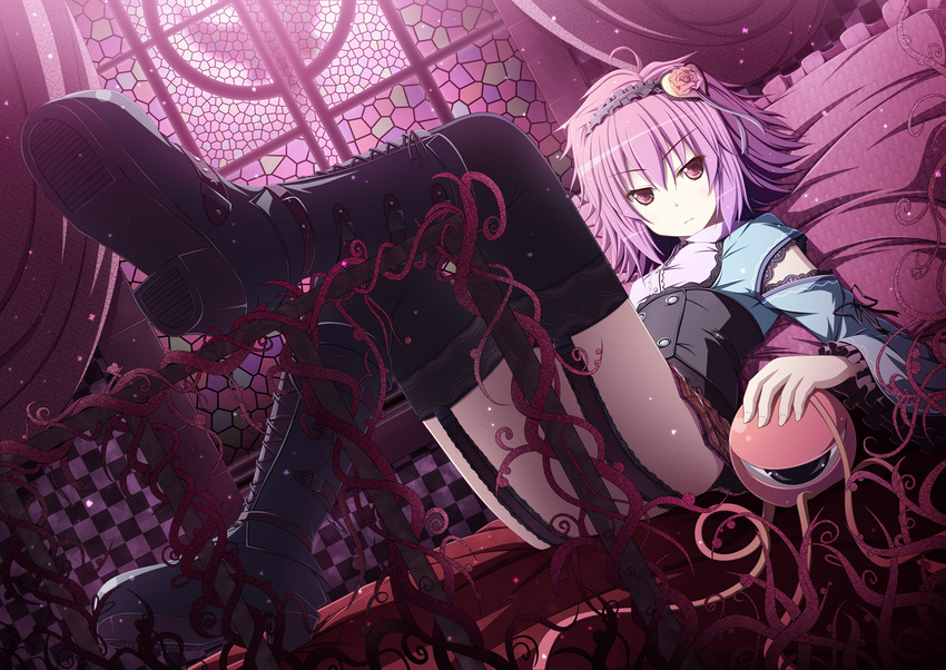 akashio_(loli_ace) bed black_legwear boots breasts checkered curtains dutch_angle flower frilled_pillow frills garter_straps hair_flower hair_ornament hairband komeiji_satori light_frown lying on_back pillow pink_hair red_eyes rose short_hair shoulder_cutout skirt small_breasts solo stained_glass thighhighs third_eye touhou