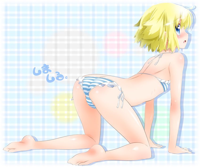 all_fours ass barefoot bikini blonde_hair blue_eyes looking_back md5_mismatch noto_(soranoto) original plaid plaid_background short_hair side-tie_bikini solo striped striped_bikini swimsuit