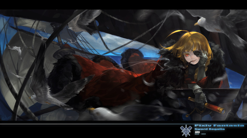 alcd bird blonde_hair cape eyepatch fur_trim gauntlets highres letterboxed long_hair pipe pirate pixiv_fantasia pixiv_fantasia_sword_regalia red_eyes scope seagull ship solo watercraft