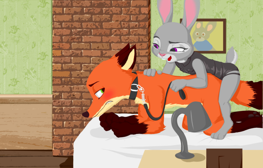 2016 all_fours anal anal_penetration anthro bed biting_lip blush canine collar convenient_censorship dipstick_tail disney domination duo female female_domination female_penetrating fox gloves_(marking) green_eyes hi_res holding_leash holding_object inside interspecies judy_hopps lagomorph leash looking_back male male/female mammal markings multicolored_tail nick_wilde on_bed pegging penetration predator/prey purple_eyes rabbit sex_toy socks_(marking) submissive submissive_male wasajoke zootopia