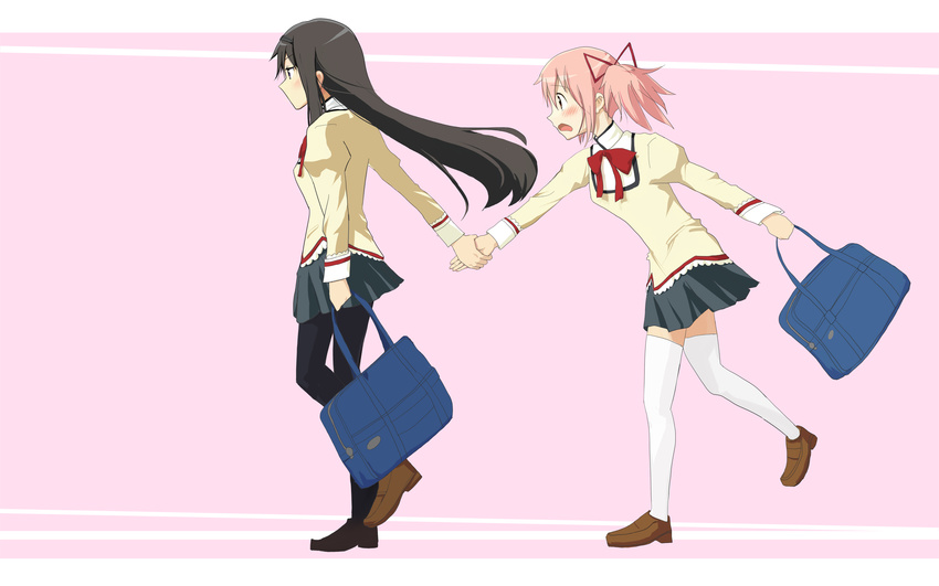 absurdres akemi_homura bag blush comic highres holding_hands jiaoshouwen kaname_madoka mahou_shoujo_madoka_magica multiple_girls open_mouth pantyhose pink_background school_bag school_uniform simple_background walking