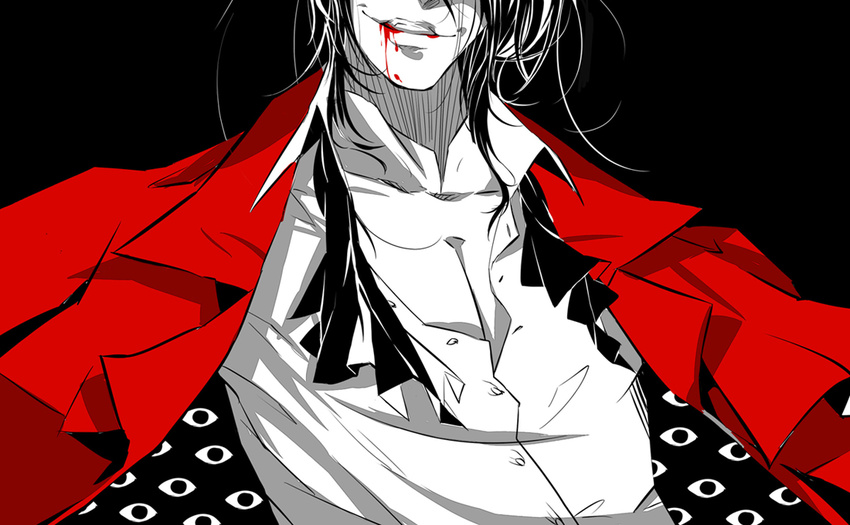 alucard_(hellsing) bakusyuu black_hair blood chest eyes head_out_of_frame hellsing male_focus solo too_many_eyes unbuttoned