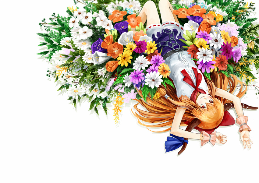 anemone_(flower) arms_up bad_id bad_pixiv_id bolo_tie chain daisy flower flower_bed from_above horn_ribbon horns ibuki_suika long_hair looking_at_viewer lying neck_ribbon nishiuri on_back orange_hair red_eyes red_ribbon ribbon ribbon-trimmed_clothes ribbon_trim shirt simple_background sleeveless sleeveless_shirt slit_pupils smile solo touhou tulip upside-down white_background white_shirt wrist_cuffs