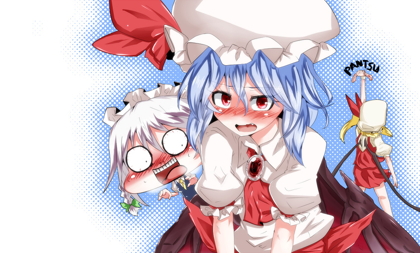 ascot bat_wings blonde_hair blue_hair brooch clothes_theft embarrassed fang female_pervert flandre_scarlet hat heavy_breathing holding holding_panties izayoi_sakuya jewelry maid maid_headdress multiple_girls necktie one_eye_closed panties panties_removed pervert pink_panties red_eyes remilia_scarlet short_hair side_ponytail silver_hair skirt skirt_set takorice theft touhou underwear underwear_theft wings