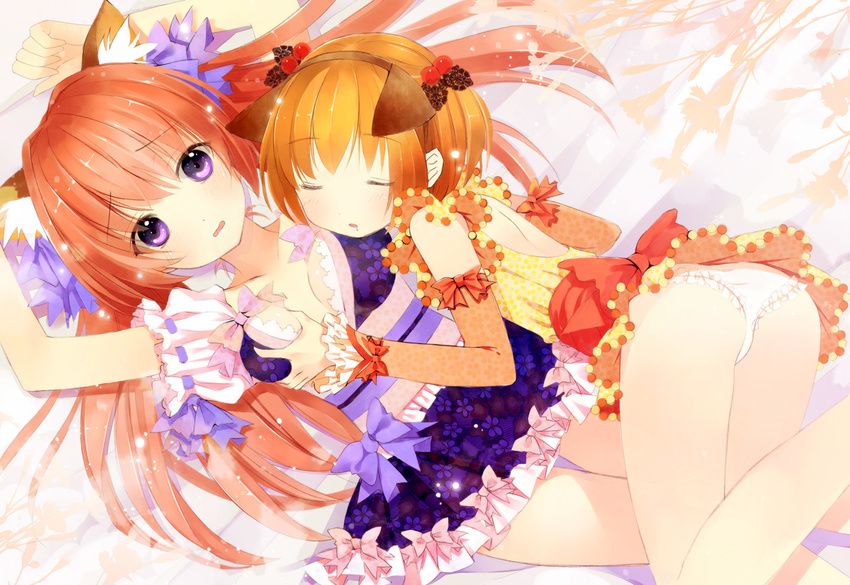 animal_ears arms_up ass breast_grab breasts cat_ears closed_eyes detached_sleeves grabbing hairband long_hair looking_at_viewer multiple_girls orange_hair original panties purple_eyes red_hair short_hair skirt sleeping thigh_gap underwear white_panties yadapot yuri