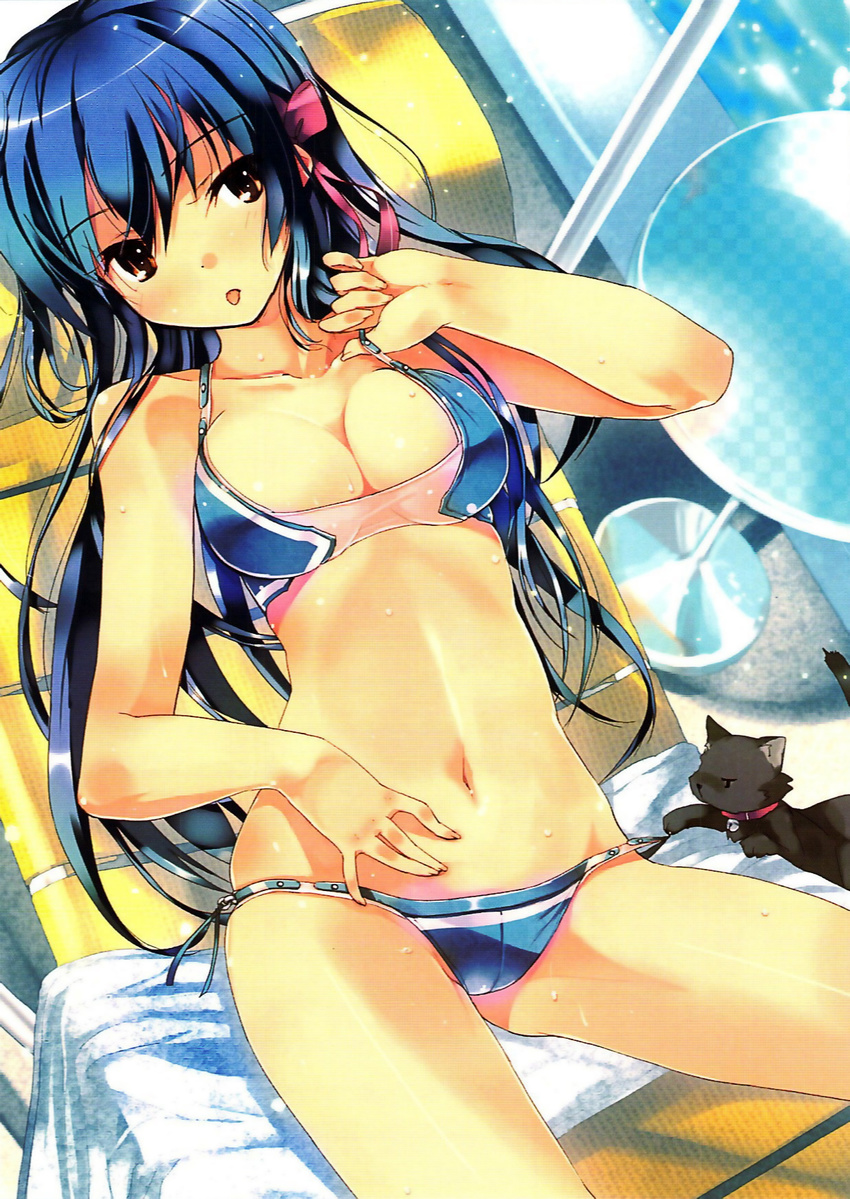 :p adjusting_clothes adjusting_swimsuit bare_shoulders bell bell_collar bikini blue_hair bow breasts brown_eyes cat cleavage collar collarbone hair_bow highres long_hair looking_at_viewer lying medium_breasts navel on_back original refeia scan solo swimsuit tongue tongue_out wet