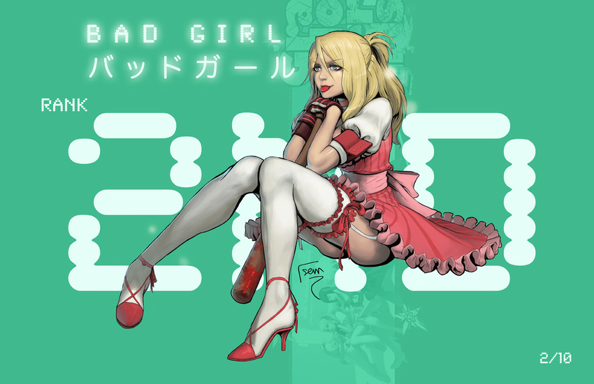 bad_girl baseball_bat blonde_hair blood blue_eyes david_semsei dress frills garter_belt high_heels lolita_fashion no_more_heroes shoes solo thighhighs tongue