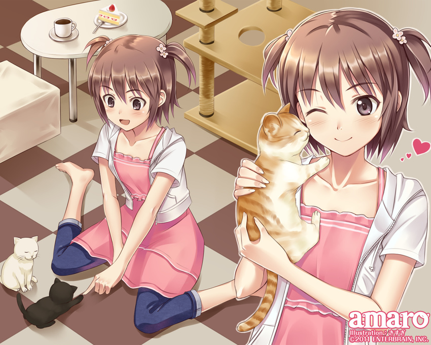 :d ;) animal animal_hug barefoot black_cat blush brown_eyes brown_hair cake casual cat checkered checkered_floor coffee collarbone flower food hair_flower hair_ornament heart hood hood_down hoodie indoors kisugi_akira multiple_views one_eye_closed open_clothes open_hoodie open_mouth original pants pants_rolled_up short_hair short_twintails smile table twintails two_side_up wallpaper