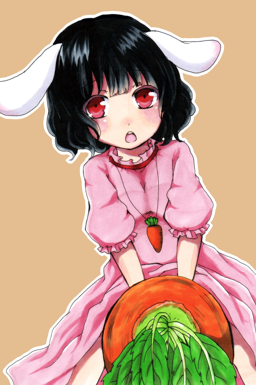 :o absurdres animal_ears bangs black_hair blush brown_background bunny_ears carrot carrot_necklace dress highres inaba_tewi jewelry looking_away mutsumi326 necklace open_mouth oversized_object pendant pink_dress puffy_sleeves red_eyes short_hair short_sleeves simple_background solo straddling touhou v_arms