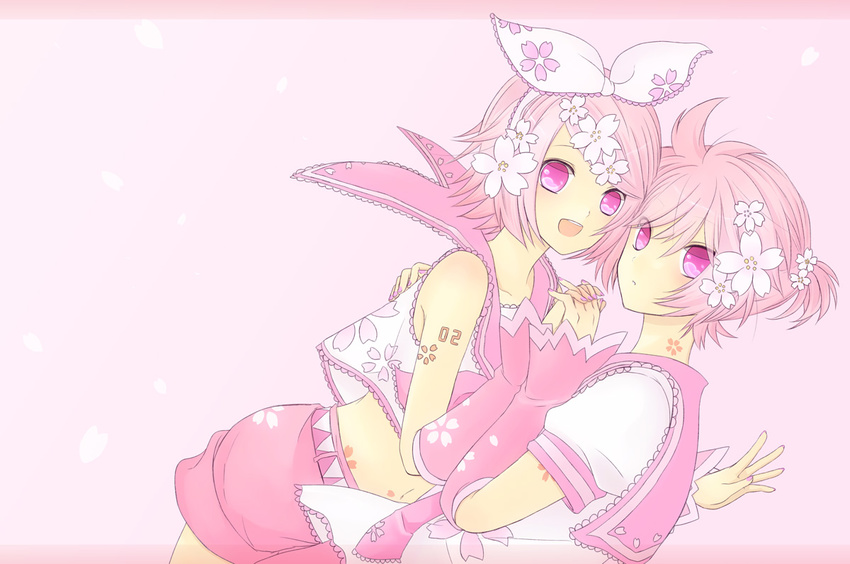 agi_(holic2007) cherry_blossoms kagamine_len kagamine_rin petals pink pink_eyes pink_hair vocaloid