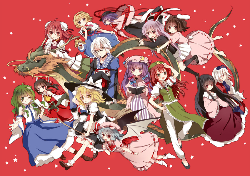 6+girls ;p alice_margatroid animal_ears bat_wings black_hair blonde_hair book bow braid broom brown_eyes brown_hair bunny_ears capelet crescent double_bun dragon frog_hair_ornament glasses green_hair hair_bow hair_ornament hair_tubes hakurei_reimu hat hat_bow hong_meiling houraisan_kaguya hug ibaraki_kasen inaba_tewi kirisame_marisa kochiya_sanae lavender_hair long_hair morichika_rinnosuke multiple_girls nagae_iku one_eye_closed open_mouth patchouli_knowledge purple_hair red_background red_eyes red_hair reisen_udongein_inaba remilia_scarlet shanghai_doll shawl short_hair silver_hair skirt smile star sweatdrop tongue tongue_out torii_sumi touhou twin_braids wings witch_hat yagokoro_eirin