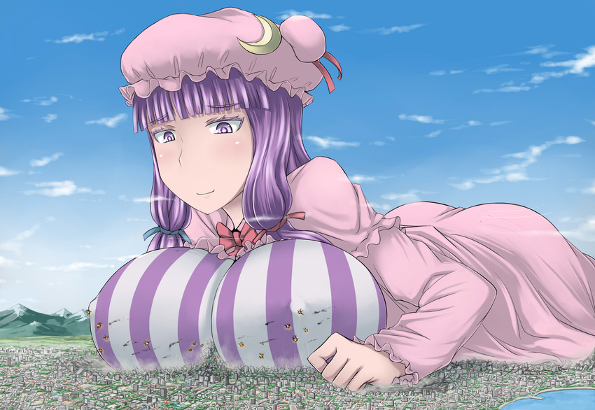 aircraft airplane between_breasts breasts city cloud covered_nipples day explosion giantess hat highres huge_breasts impossible_clothes impossible_shirt mountain patchouli_knowledge purple_eyes purple_hair shirt smile smoke solo striped striped_shirt terada_ochiko touhou
