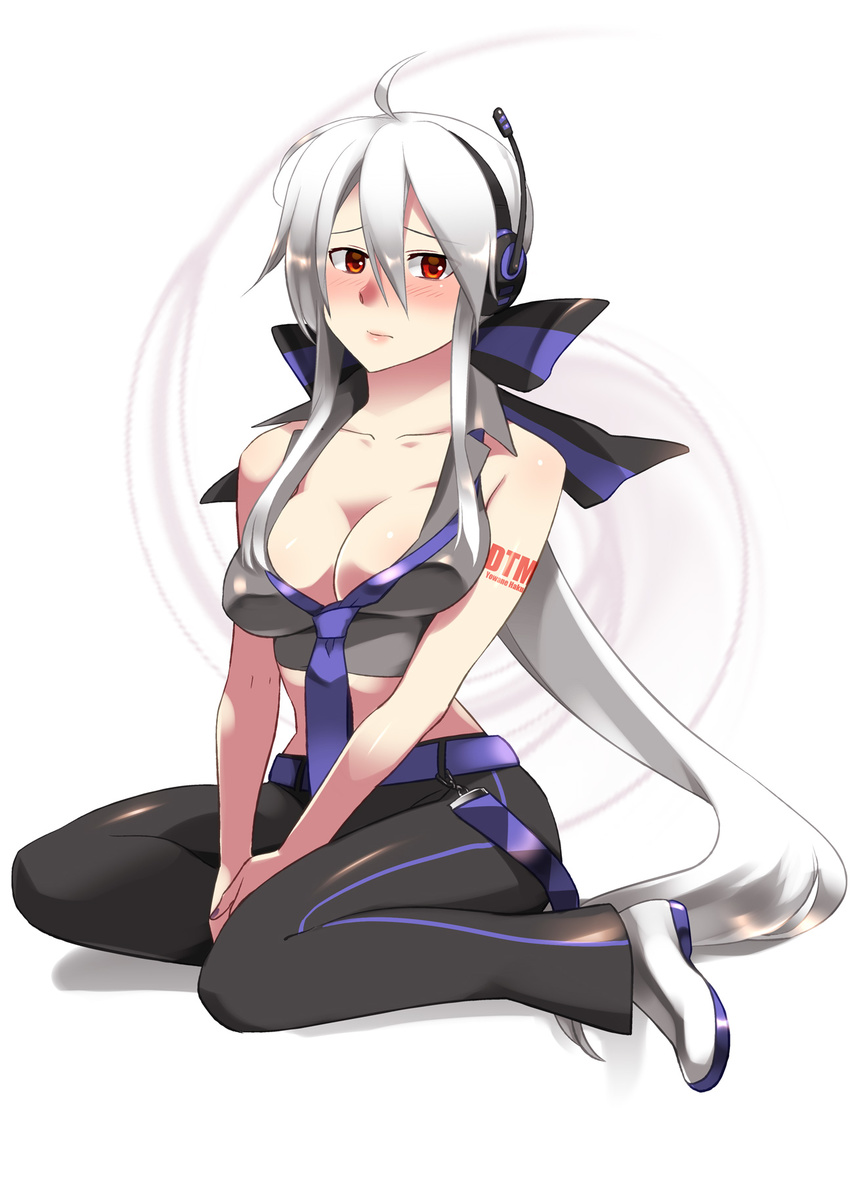 bare_shoulders blush breasts caffein cleavage highres large_breasts long_hair necktie red_eyes silver_hair sitting solo very_long_hair vocaloid wariza yowane_haku