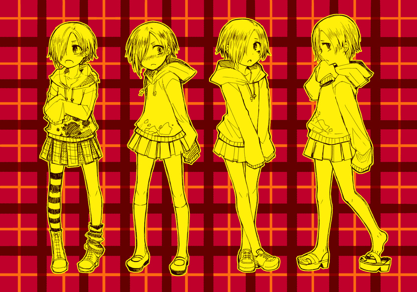 bad_id bad_pixiv_id hair_over_one_eye hood hoodie idolmaster idolmaster_cinderella_girls plaid plaid_background pleated_skirt ruiko_(sad) sandals shirasaka_koume shoe_dangle short_hair skirt sleeves_past_wrists socks striped striped_legwear