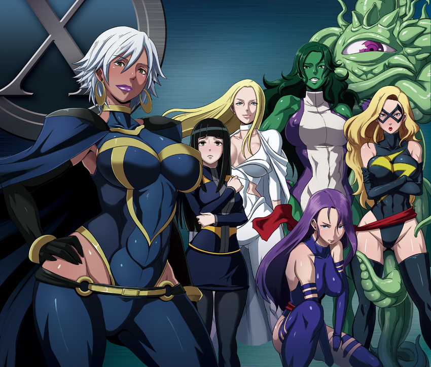 armor_(x-men) black_hair blonde_hair blue_eyes blue_leotard breasts brown_eyes butcha-u carol_danvers crossed_arms dark_skin earrings emma_frost green_eyes green_hair green_skin hand_on_hip huge_breasts jennifer_walters jewelry large_breasts leotard marvel ms._marvel multiple_girls muscle odd_one_out pantyhose psylocke purple_eyes purple_hair she-hulk shuma_gorath silver_hair squatting storm_(x-men) tentacles thighhighs x-men